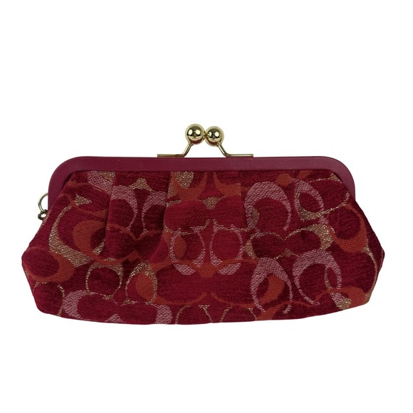 VINTAGE Coach Kisslock Clutch Wallet Womens Red Signature Jacquard Leather Trim - Picture 1 of 10